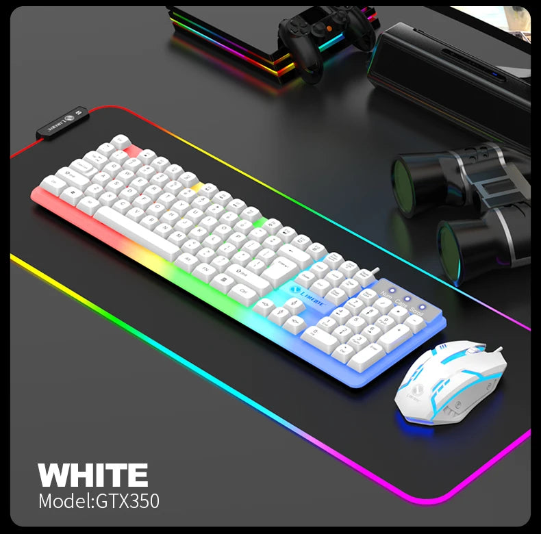 White GTX350 RGB backlit keyboard and mouse combo displayed on a dark surface with colorful light trails.