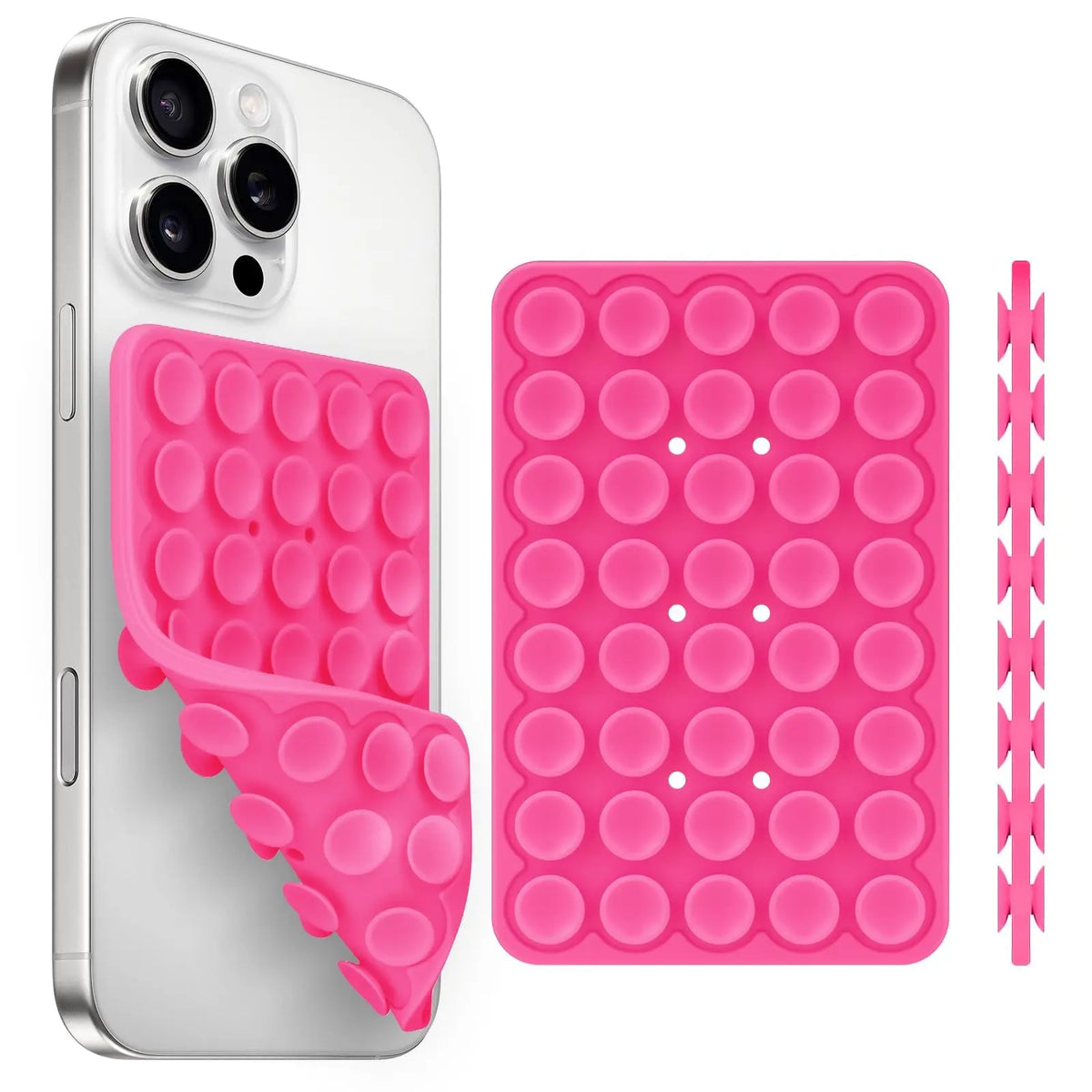 A silver smartphone case and a pink silicone suction cup phone holder are shown side by side.