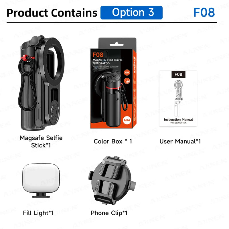 Magnetic Mini Selfie Quadrapoo F08 product set including a selfie stick, color box, user manual, fill light, and phone clip.
