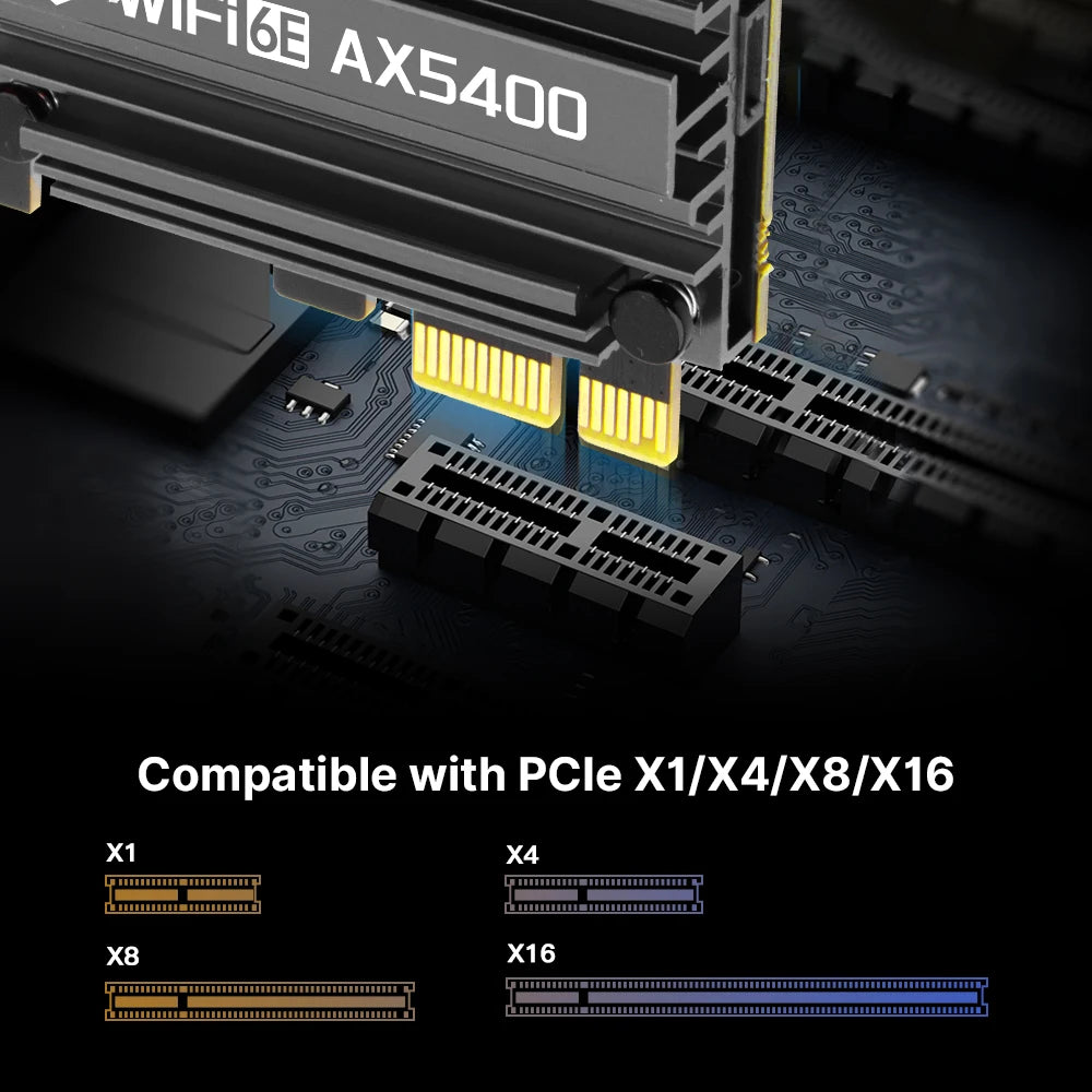 A close-up view of a Wi-Fi 6E AX5400 adapter being installed into a PCIe slot on a motherboard.