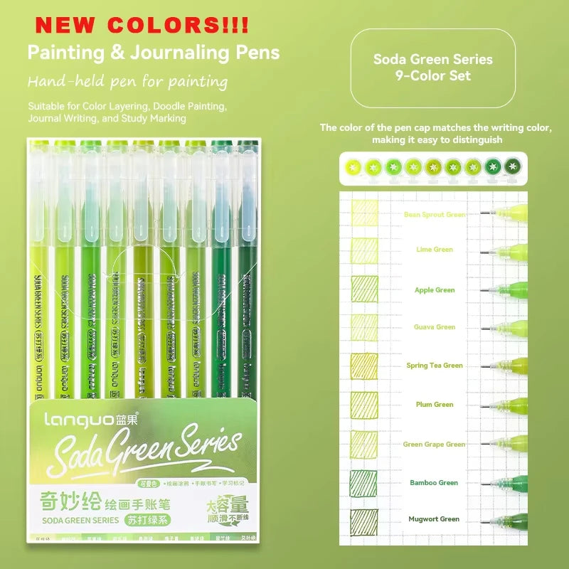 A set of nine Soda Green colored painting and journaling pens displayed in a green box.