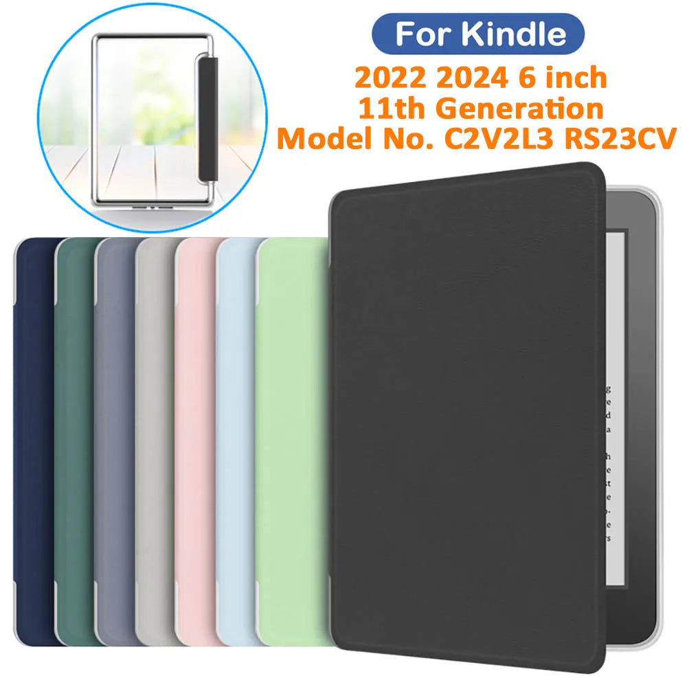 A black silicone protective cover for a 6 inch Kindle e-reader shown next to various colored covers.