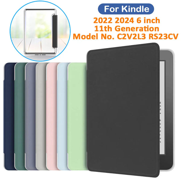 A black silicone protective cover for a 6 inch Kindle e-reader shown next to various colored covers.