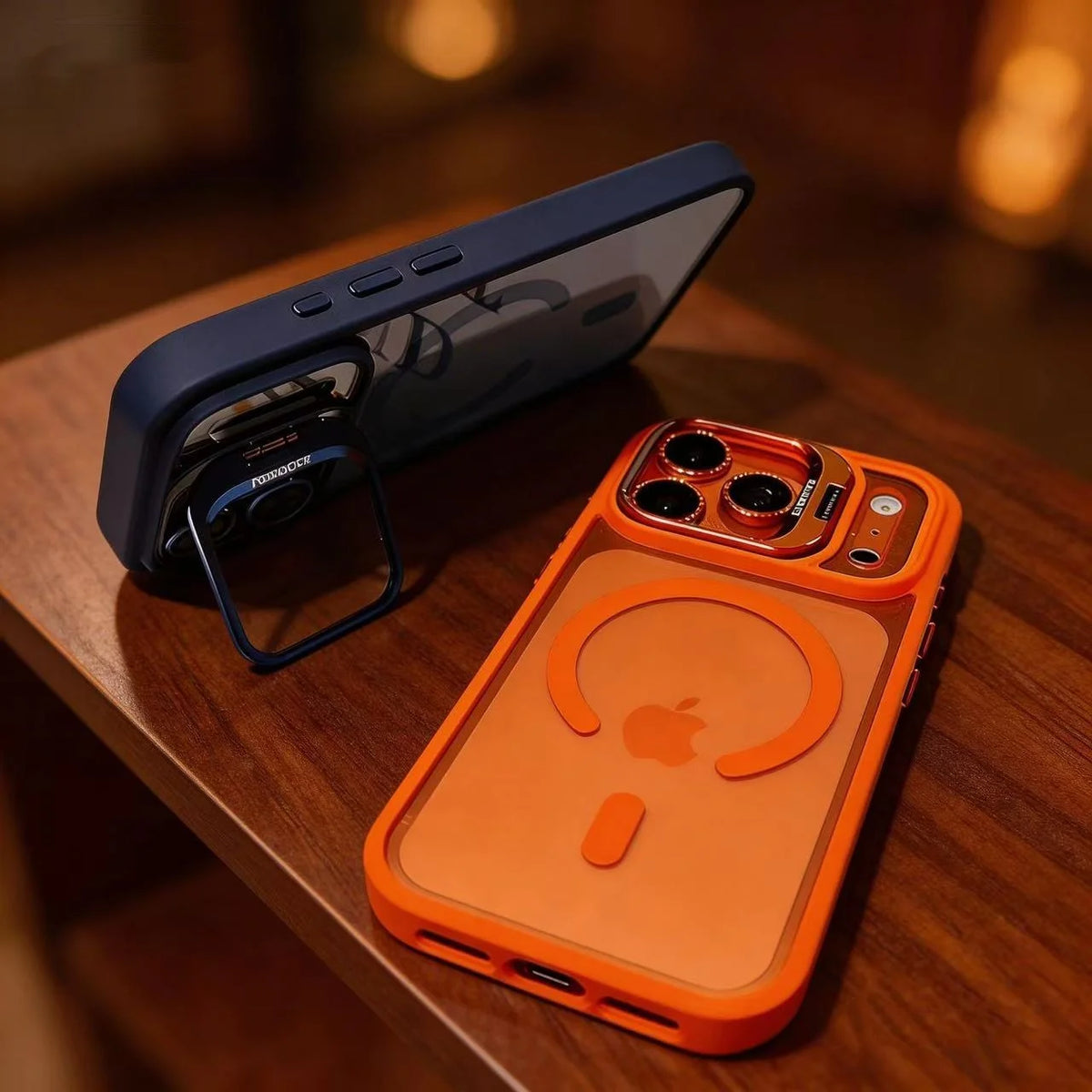 An orange phone case with a built-in camera bracket and lens cover is resting on a wooden surface next to a dark blue phone.