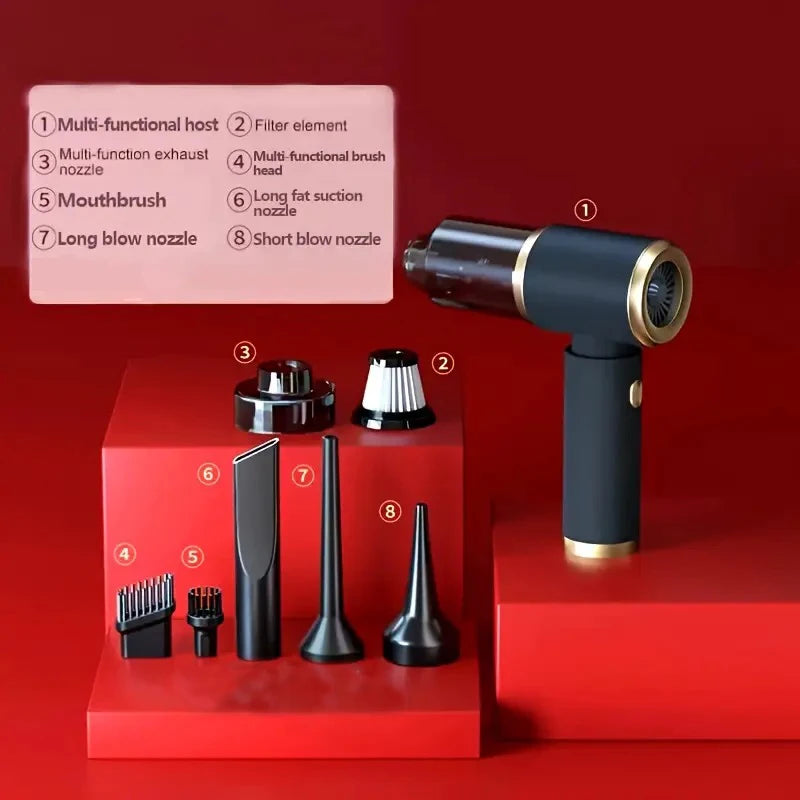 A set of multi-functional cleaning tools including a host, brush head, nozzle, and various attachments displayed on a red sur