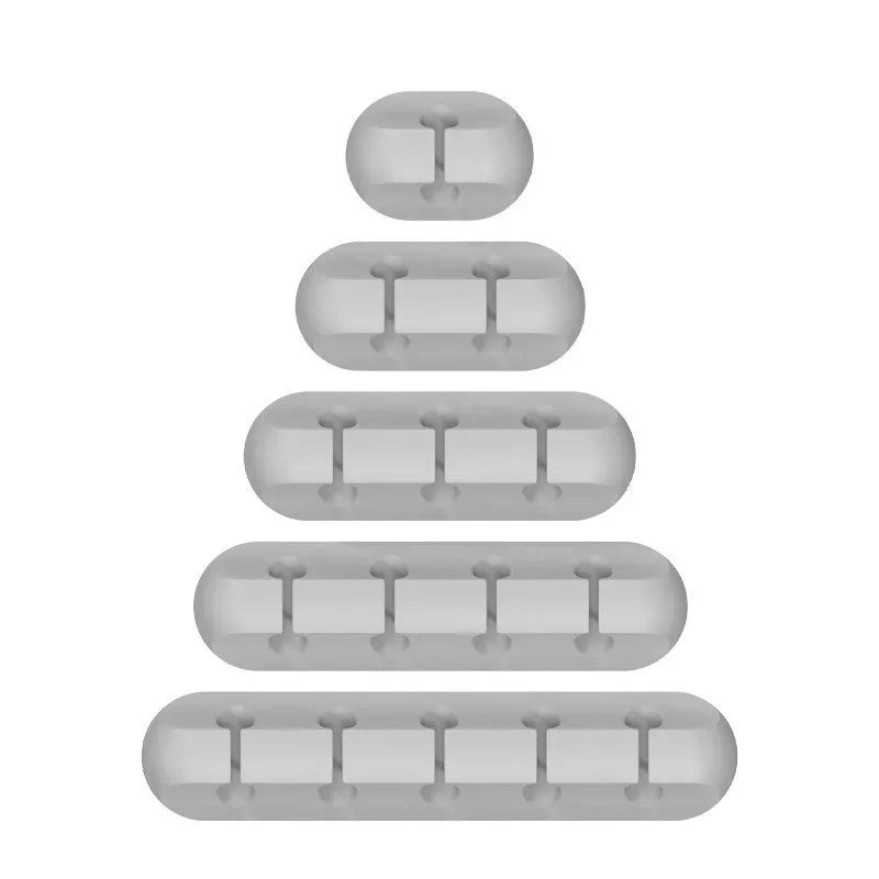 A set of silicone cable organizers and winders stacked vertically.