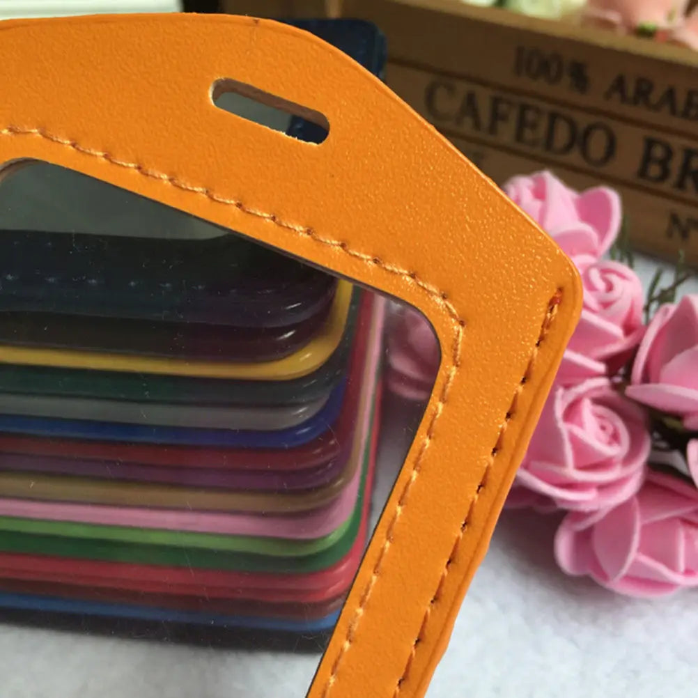 Orange PU leather ID card holder with a leather strap and a stack of colorful cards.