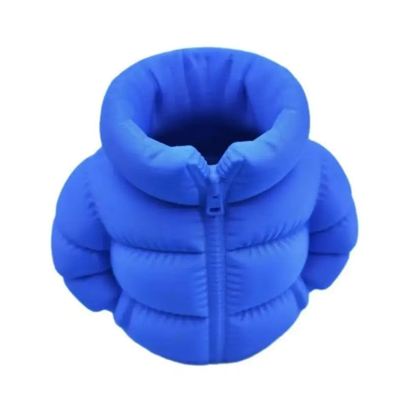 A bright blue puffer jacket shaped like a pen holder or desk organizer.