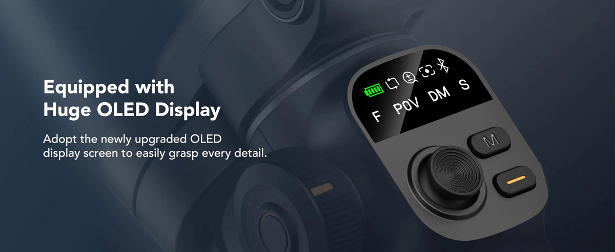 A close-up of a portable smartphone gimbal stabilizer showing an upgraded OLED display screen.