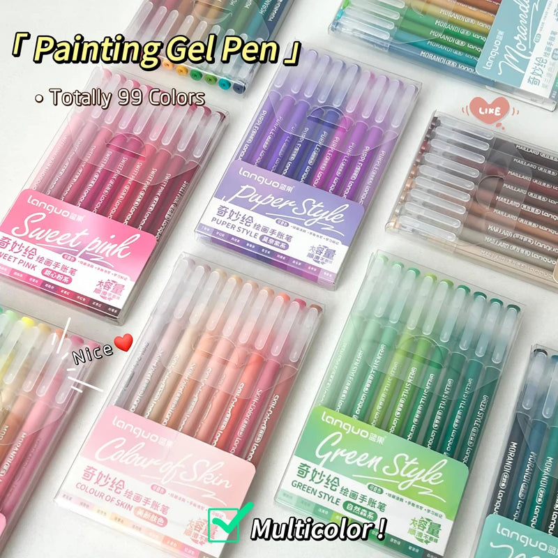 A collection of various colored Lanquo Paint Gel Pens in different styles and shades displayed on a white background.