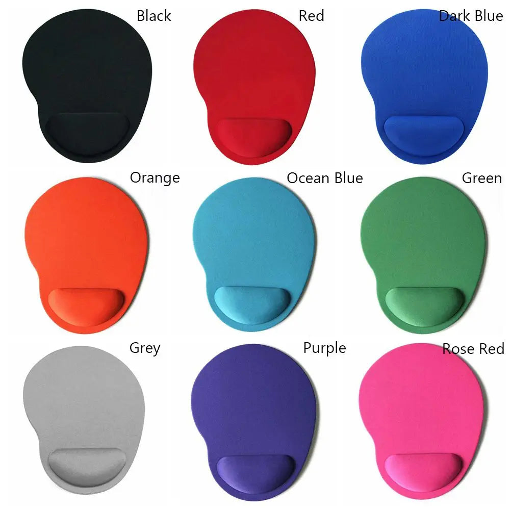 A collection of ergonomic mouse pads in various colors including black, red, dark blue, orange, ocean blue, green, grey, purp