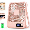 A pink portable USB rechargeable desk fan with a decorative wooden grille and power indicator.