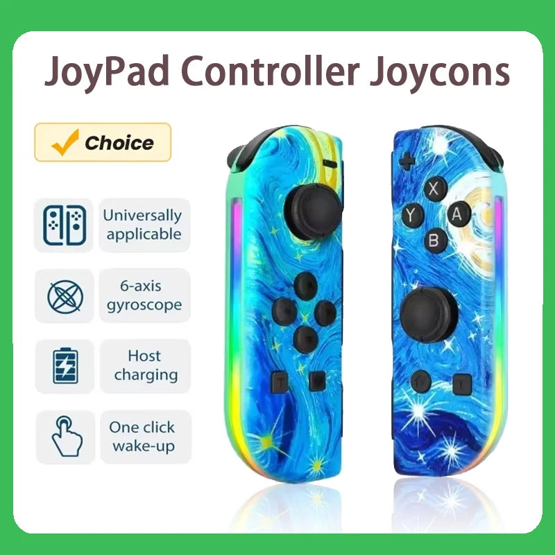 A pair of blue and iridescent Joypad controllers shown next to a checkmark indicating choice.