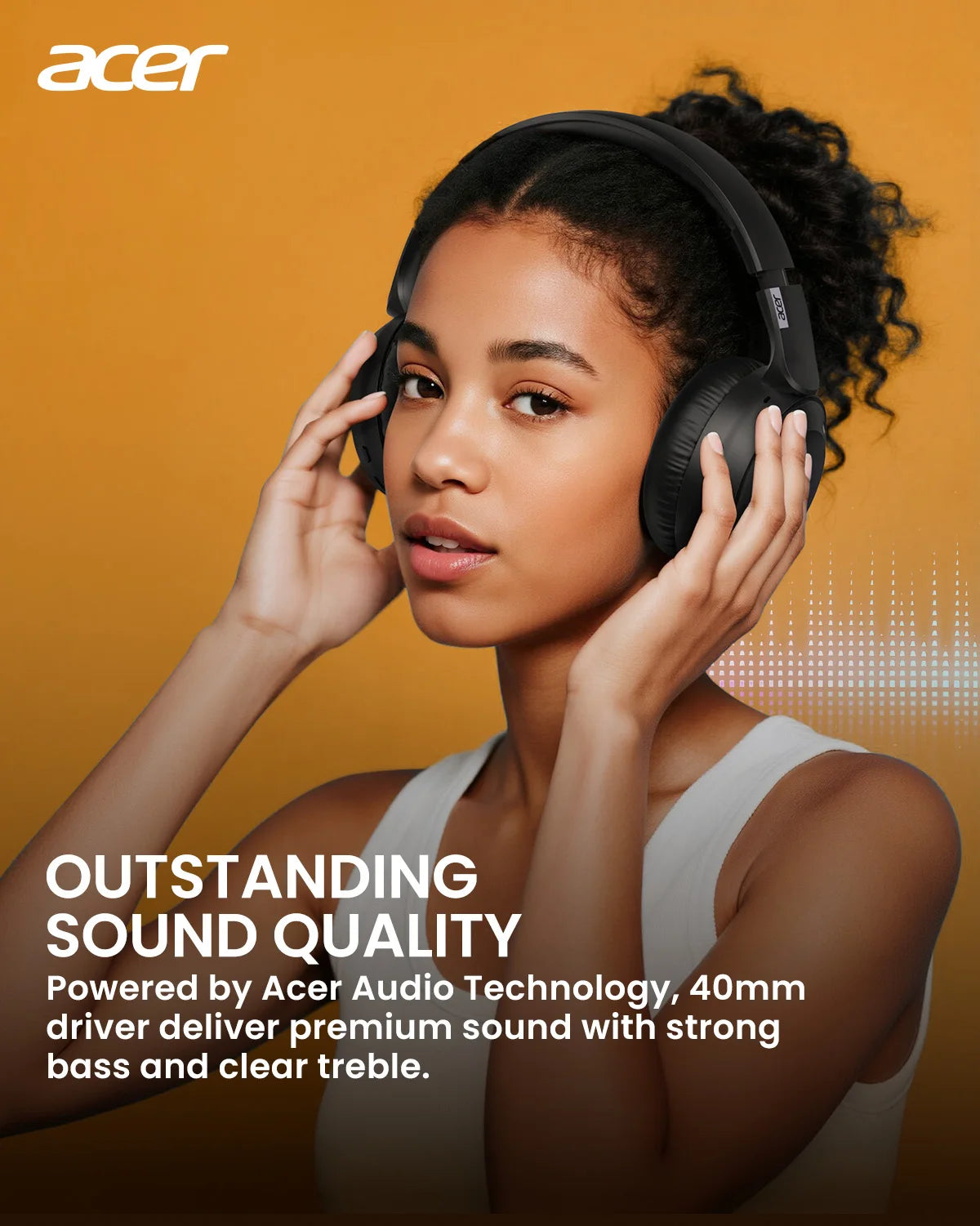 A woman wearing black over-ear headphones is shown against an orange background.