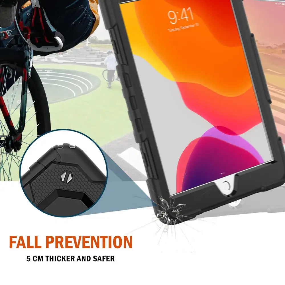 A heavy duty rugged iPad case is shown with a screen displaying 9:41, emphasizing its thickness and safety features.
