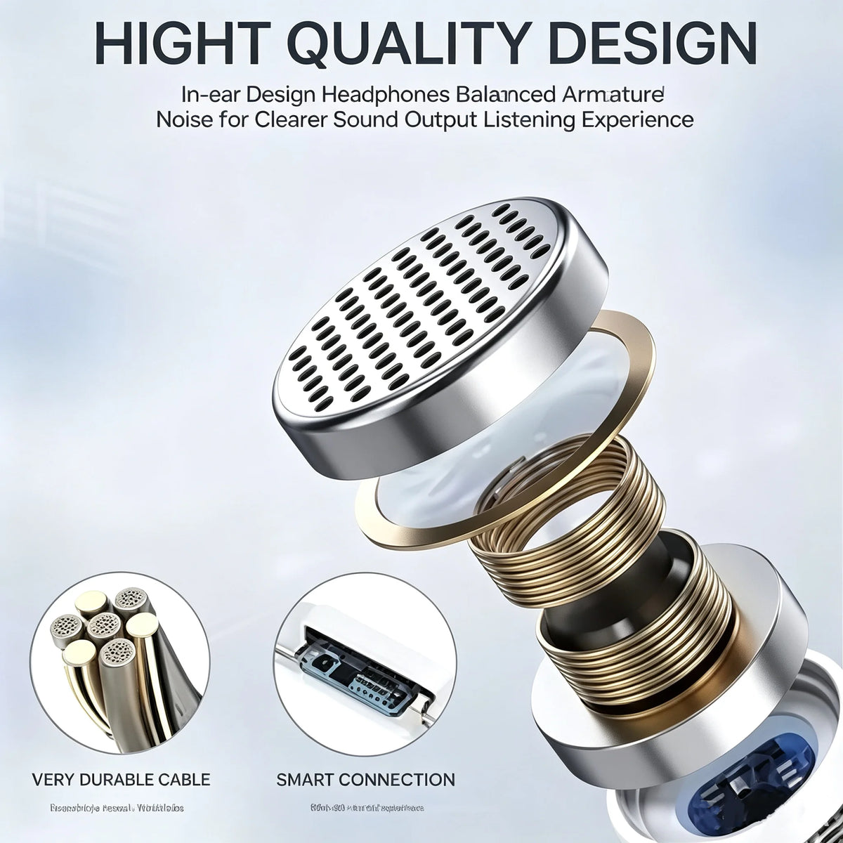 A close-up view of a high quality in-ear headphone design showing the armature and a durable cable connection.
