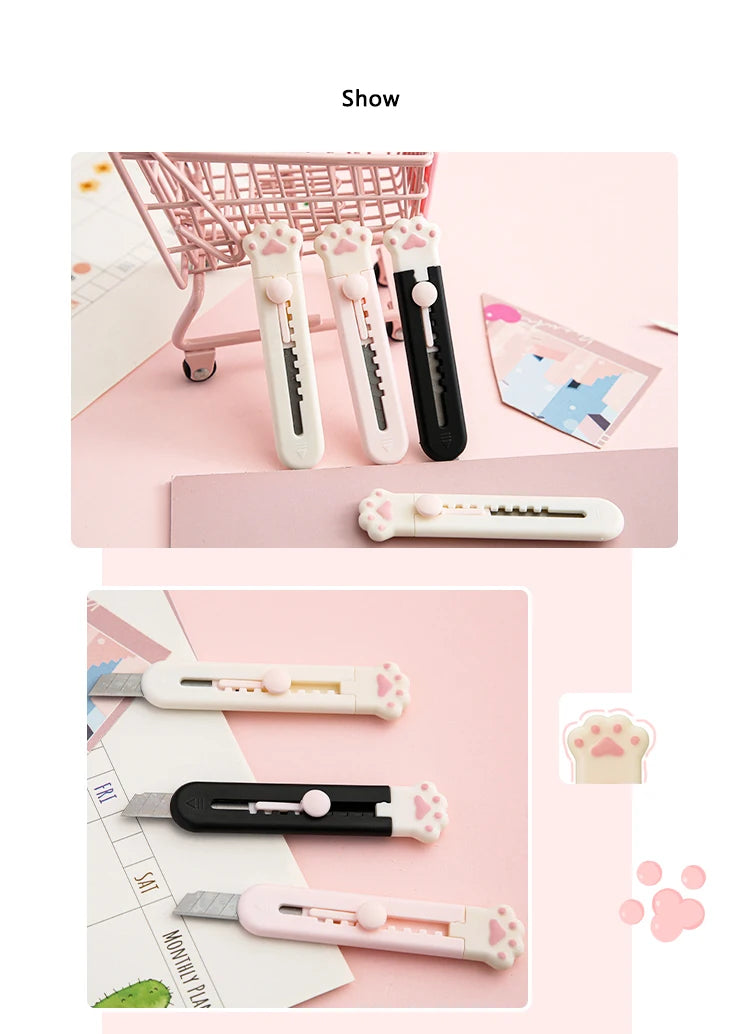 A collection of portable pet claw tools and knives in white, pink, and black colors displayed on a pink background.