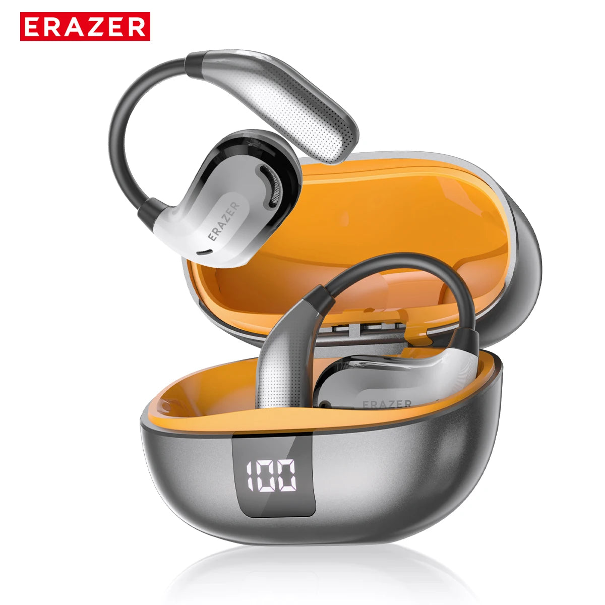 A pair of silver and white AI Translation Bluetooth earphones with a gold-colored charging case.