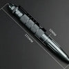 A black tactical aluminum pen is shown in profile with dimensions marked.