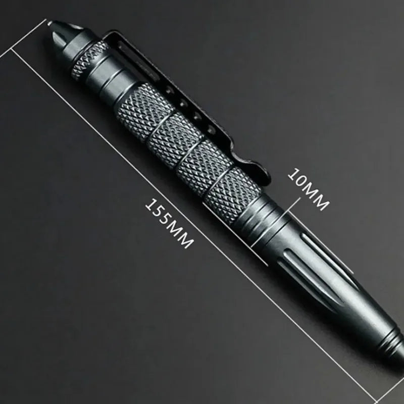 A black tactical aluminum pen is shown in profile with dimensions marked.