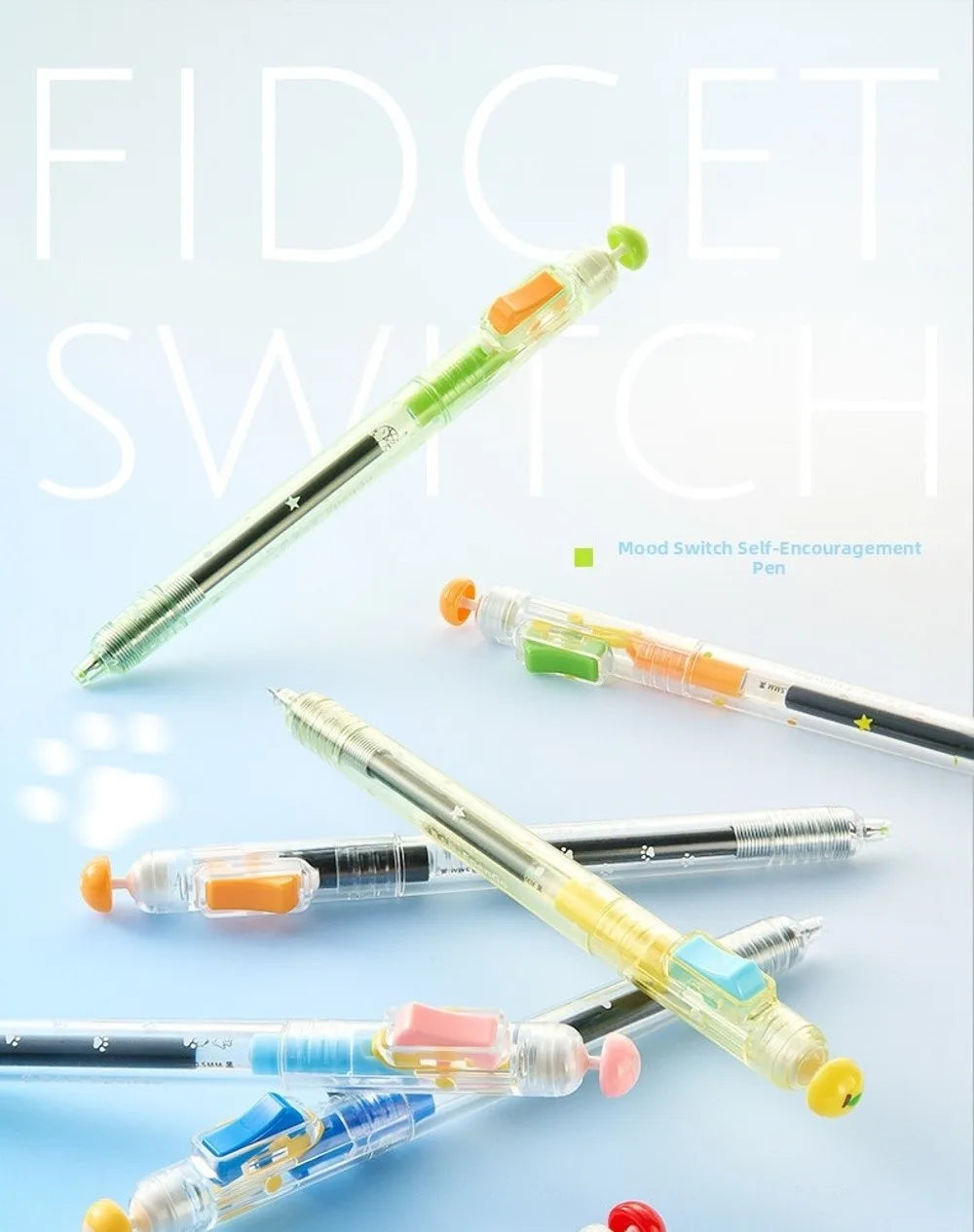 A set of color changing fidget pens shown in various orientations and colors against a light blue background.