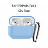 A light blue silicone protective case with a keychain attached, designed for AirPods Pro 3 Sky Blue.
