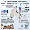 A silver dual interface functionality flash drive made of zinc alloy with a USB 2.0 port.