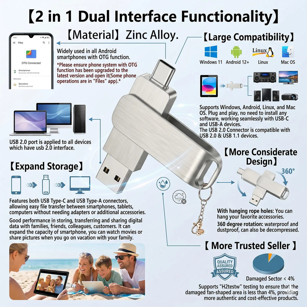 A silver dual interface functionality flash drive made of zinc alloy with a USB 2.0 port.