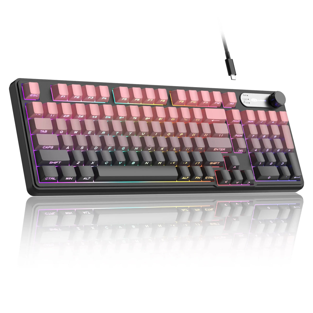 A close-up view of a black membrane keyboard with pink and blue RGB backlighting and a wired connection.