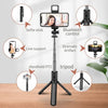 A selfie stick tripod setup showing various features like a phone mount, Bluetooth control, live support, and a dramatic arti