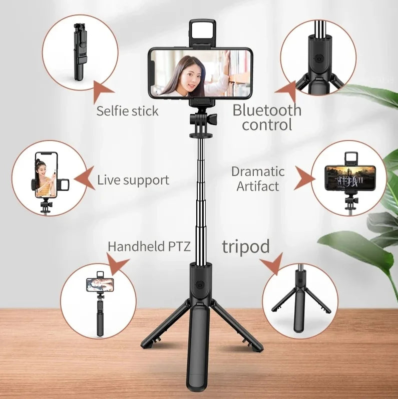 A selfie stick tripod setup showing various features like a phone mount, Bluetooth control, live support, and a dramatic arti