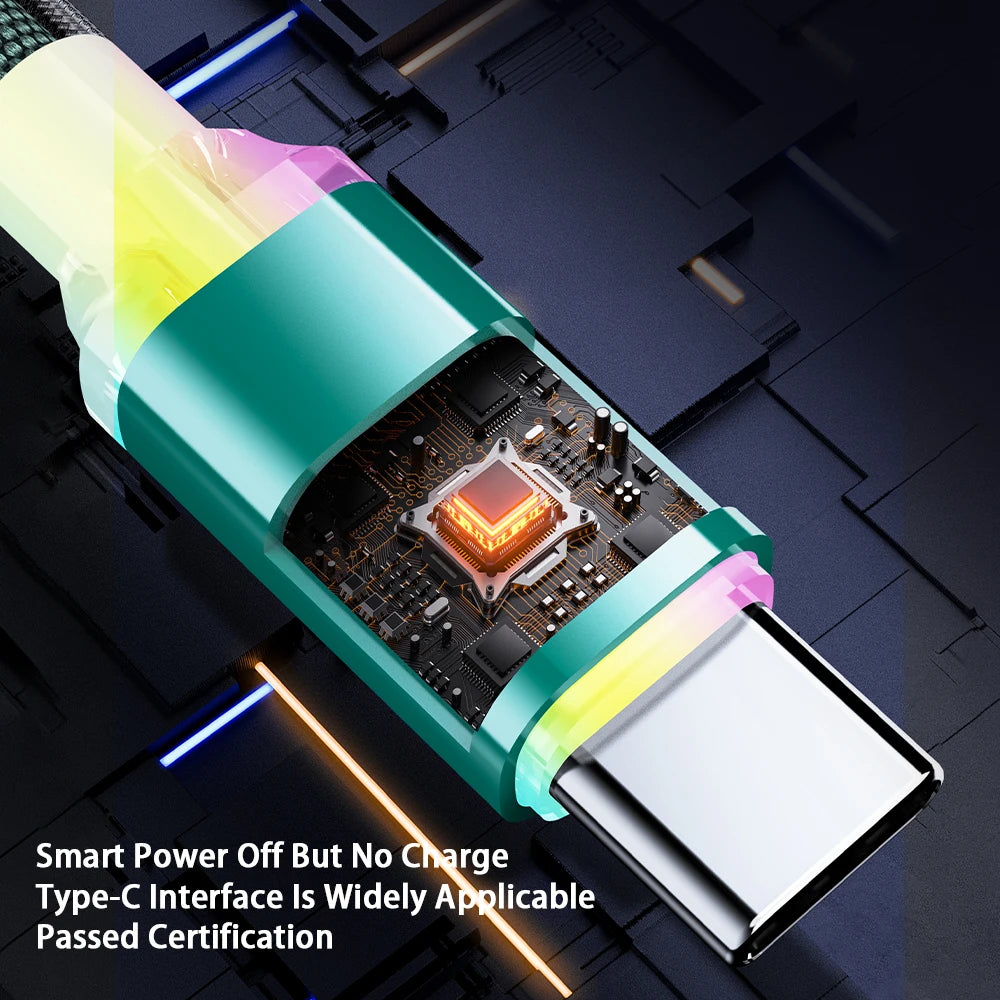 A close-up view of a smart power off but no charge Type-C interface cable with an LED light and metallic connector.
