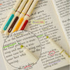 Nahaufnahme eines Set mit weichen Spitzen-Brush-Stiften in verschiedenen Farben auf einer Seite mit handschriftlichem Text.