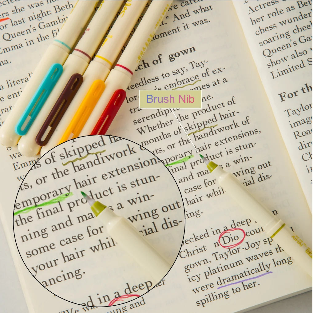 Nahaufnahme eines Set mit weichen Spitzen-Brush-Stiften in verschiedenen Farben auf einer Seite mit handschriftlichem Text.