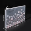 A transparent zipper file bag with a floral cherry blossom pattern, featuring a pink and white design.