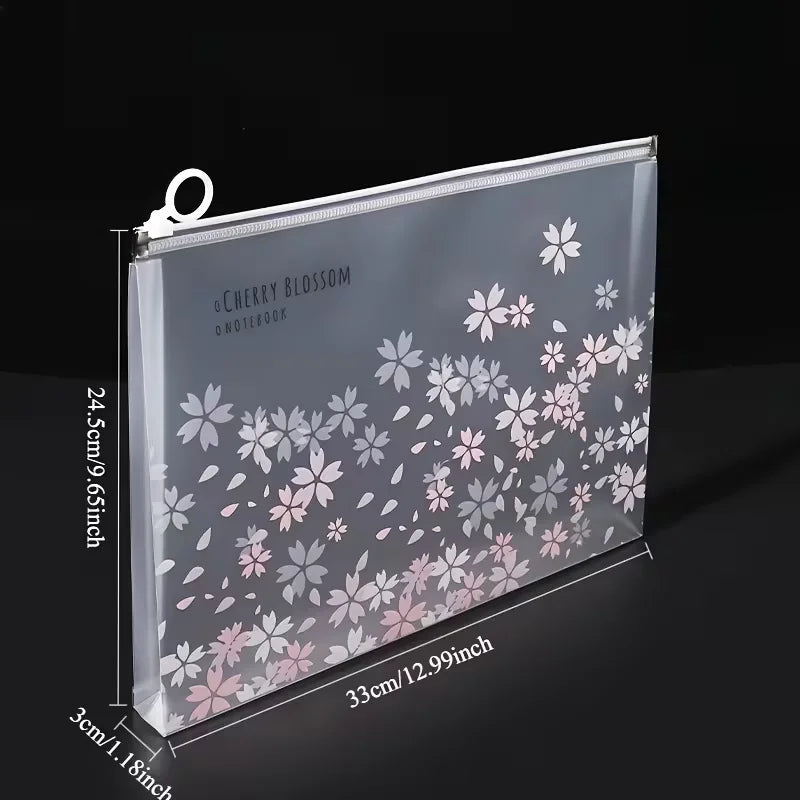 A transparent zipper file bag with a floral cherry blossom pattern, featuring a pink and white design.
