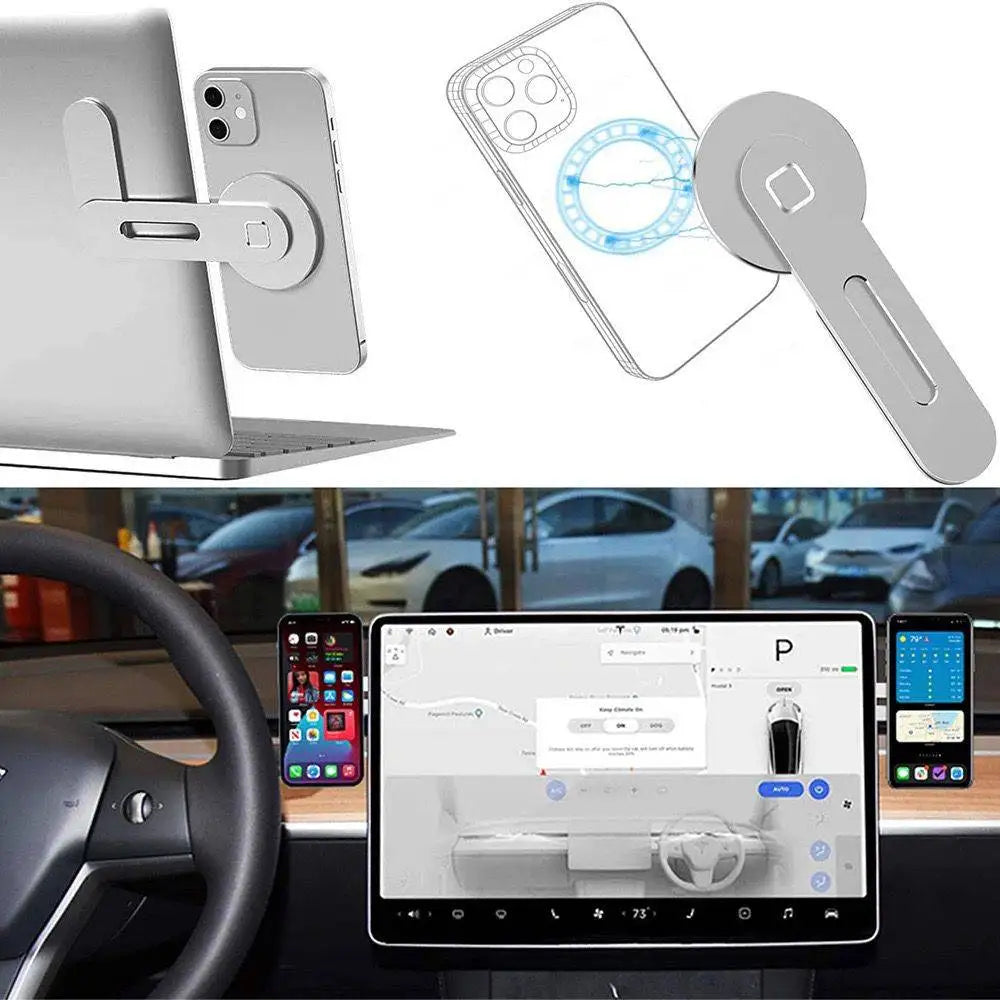 Klappbare magnetische Laptop- und Telefonhalterung mit verschiedenen Befestigungsmöglichkeiten und Dashboard-Anzeige.