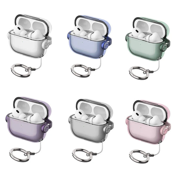 A set of silicone lock cases in various colors, including white, blue, green, and pink, designed to secure AirPods.