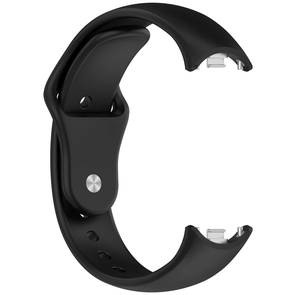 A black durable silicone replacement strap for a Mi Band watch.