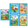 A set of six watercolor painting pages featuring colorful cartoon dinosaurs and jungle scenes for children.