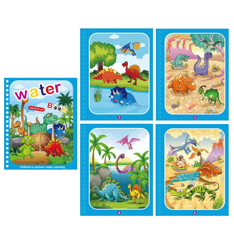 A set of six watercolor painting pages featuring colorful cartoon dinosaurs and jungle scenes for children.