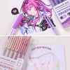 A set of purple and pink retractable acrylic gel pens is shown alongside art inspiration sketches.
