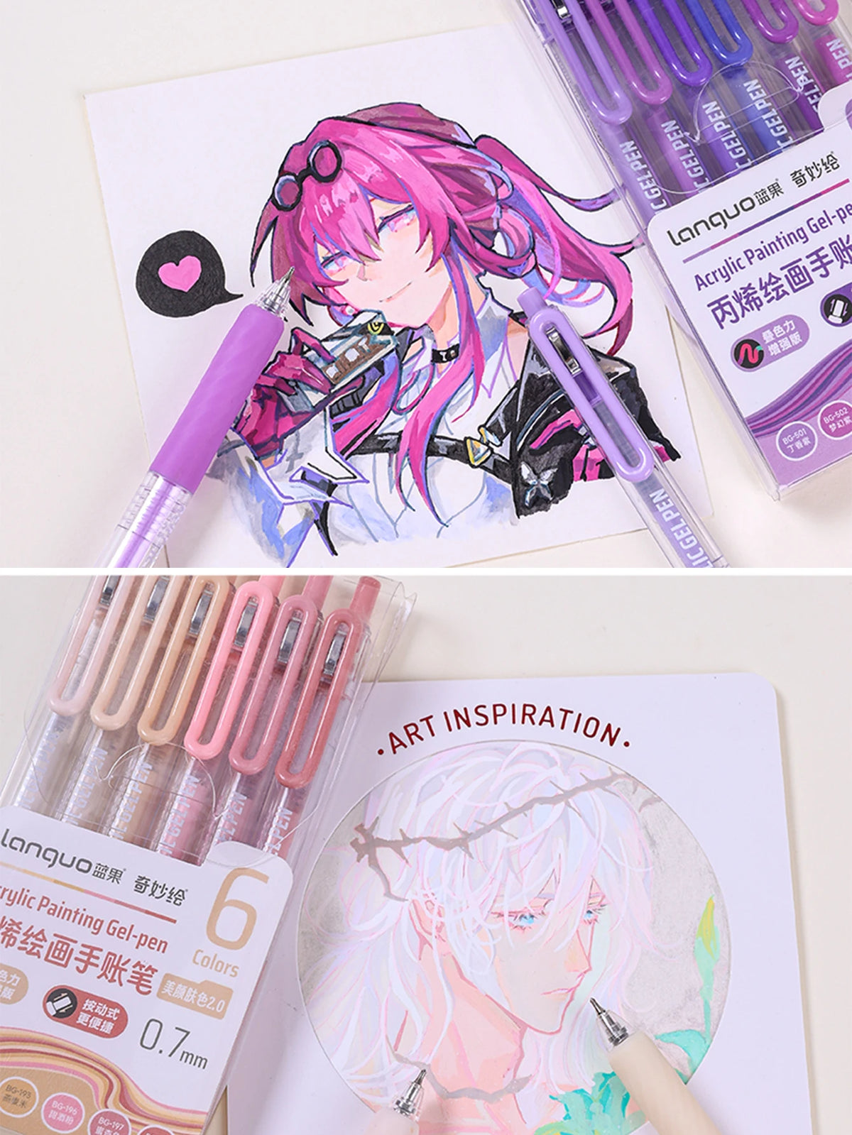 A set of purple and pink retractable acrylic gel pens is shown alongside art inspiration sketches.
