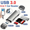 Lector de coche plateado 6 en 1 con múltiples ranuras para tarjetas: USB, Micro, SD y TF.