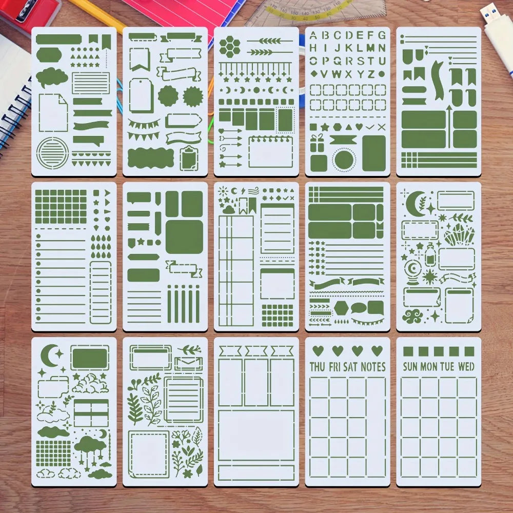 A collection of 15 green reusable journal stencils for scrapbooking and drawing patterns