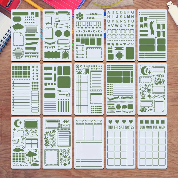 A collection of 15 green reusable journal stencils for scrapbooking and drawing patterns