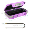 A purple portable combination lock box with a hinged lid and a long metal key.