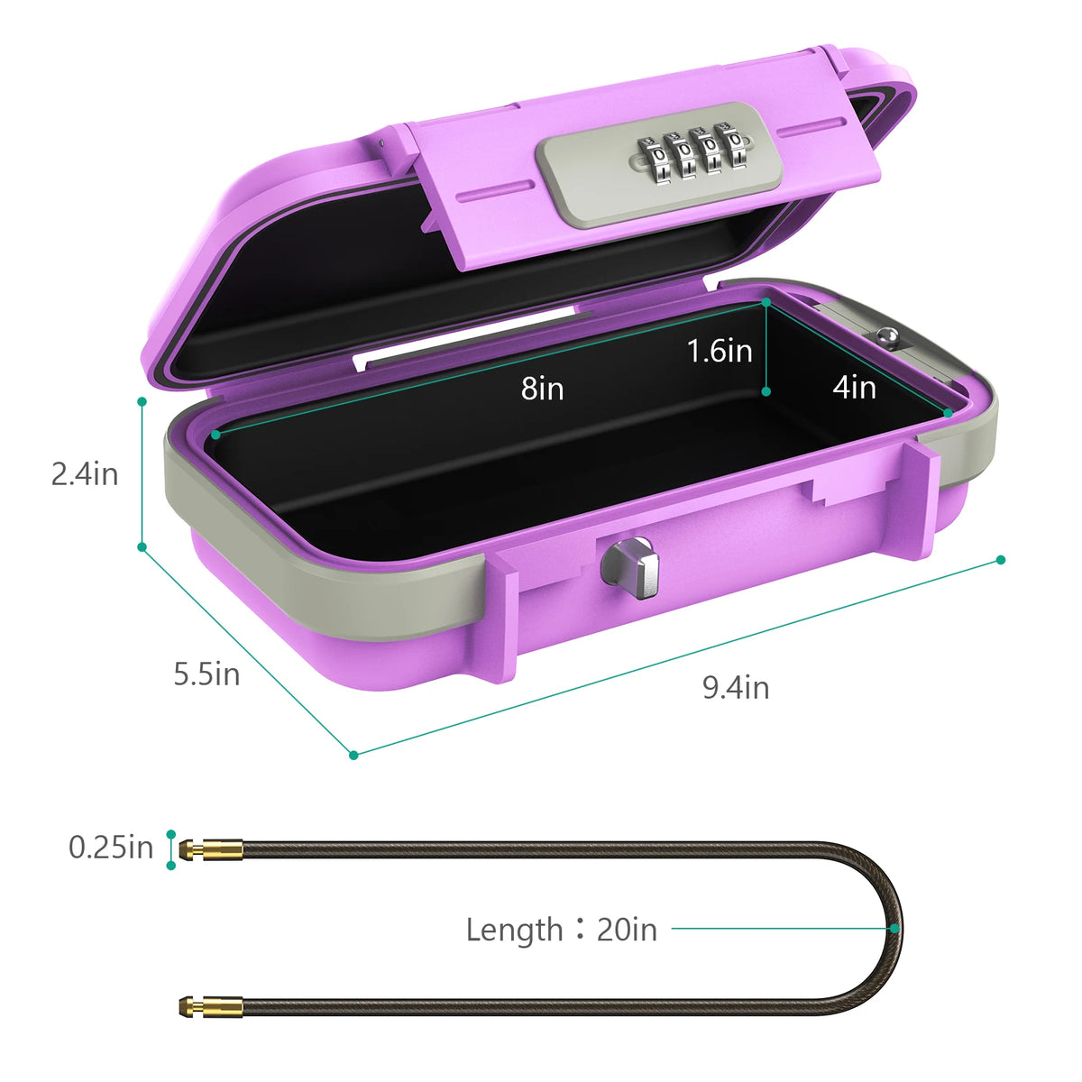 A purple portable combination lock box with a hinged lid and a long metal key.