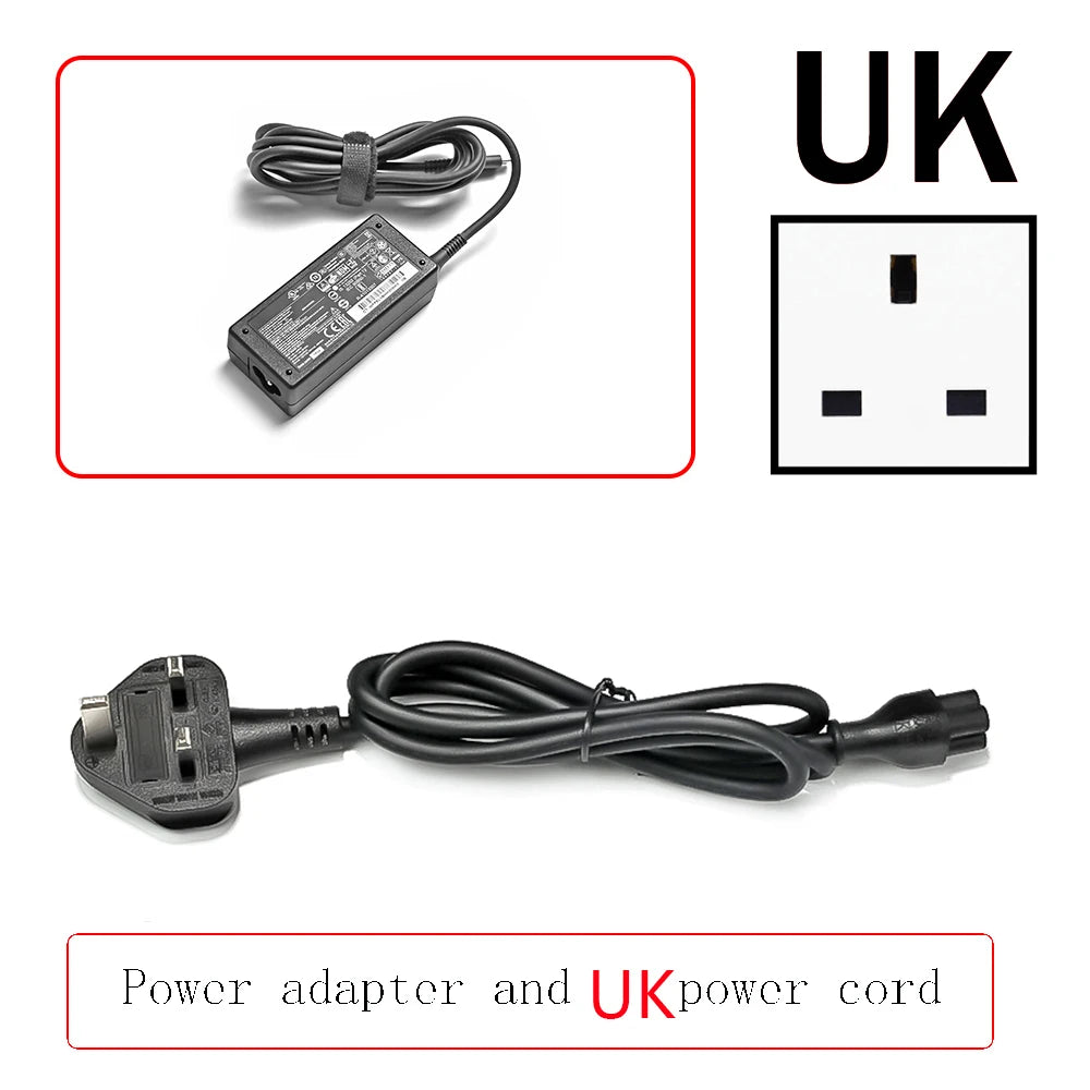 Schwarzes USB-C-Netzteil und Kabel für HP Laptops, mit UK-Kennzeichnung.