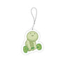 A green, round character charm attached to a silver keychain ring.